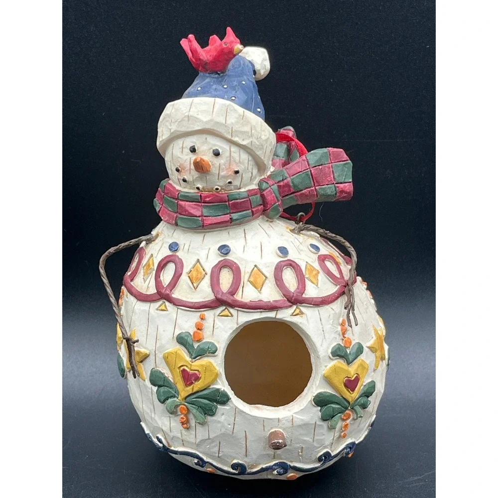 Snowman-Shaped Hanging Birdhouse Decor Cardinal Plaid Scarf Resin 6